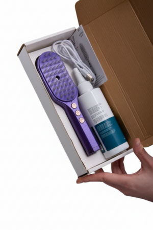 Velda Profesyonel Saç Bakım Seti: İyonik Tarak & Biberiyeli Güçlendirici Tonik Mor Tarak